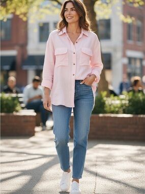 Ann Taylor Light Pink Linen Button-Front Utility Shirt